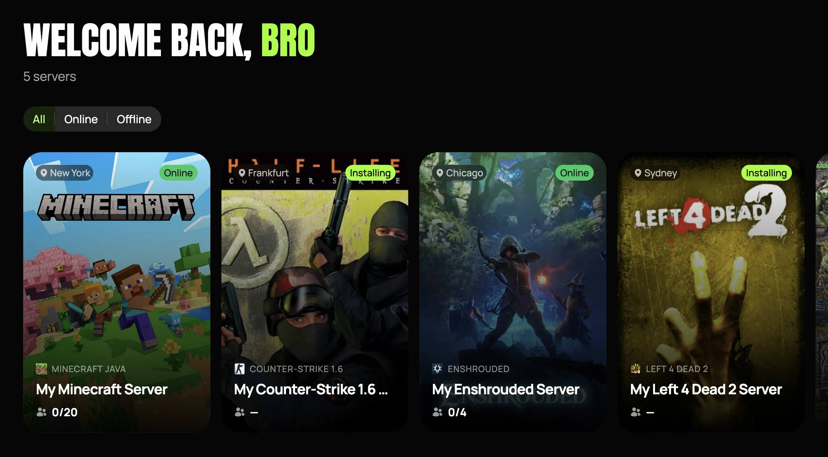 Screenshot of the Game Host Bros Game Panel