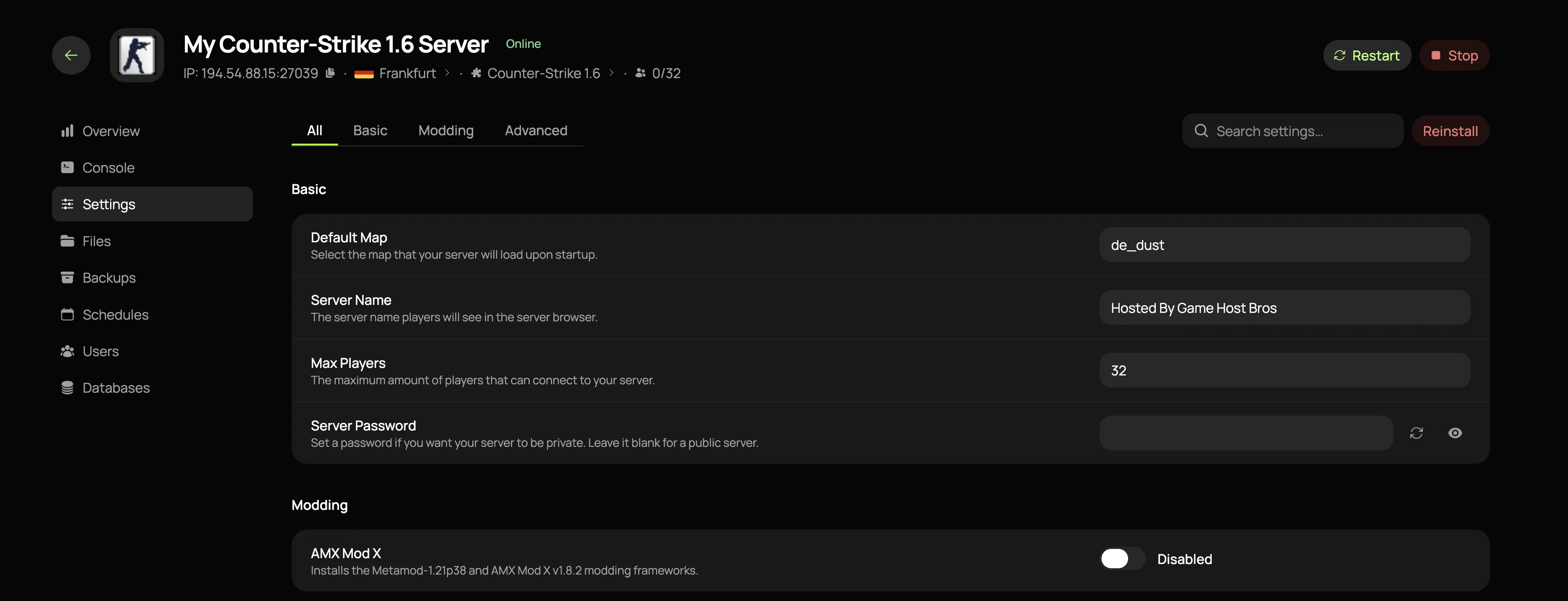 Game Host Bros Server Settings